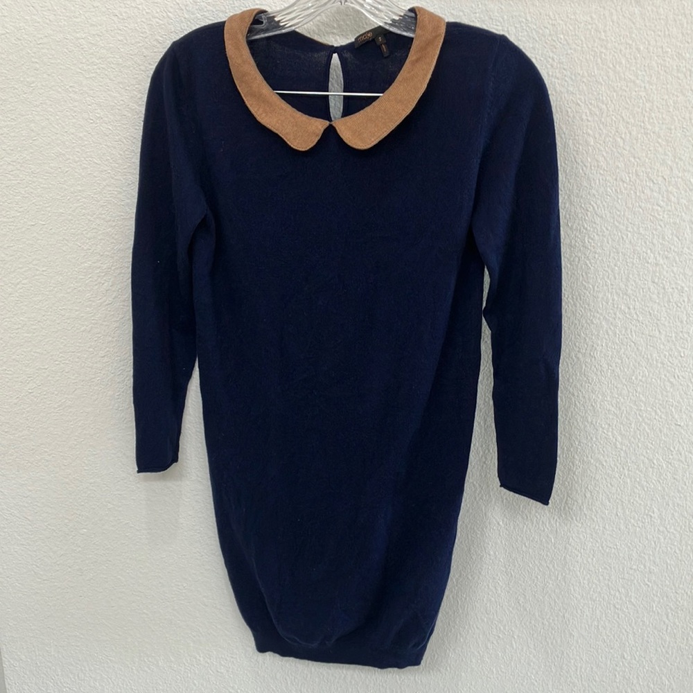Maje Navy Sweater Mini‎ Dress W/ Tan Collar Sz 2- EUC
